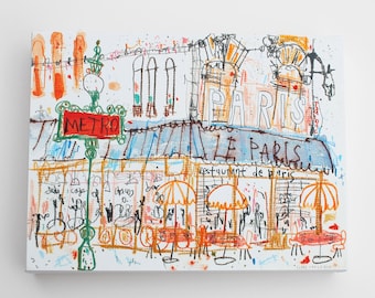 PARIS CAFE CANVAS, Parisian Drawing, Stretched Giclee Canvas, Paris Sketchbook, Watercolor Painting, French Picture, Pencil Sketch, Tabac