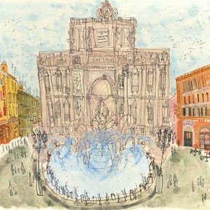 TREVI FOUNTAIN ROME, Giclee Paper Print, Painting of Rome, Italy Wall Decor, Watercolor Drawing Sketch, Coins in Fountain, Clare Caulfield