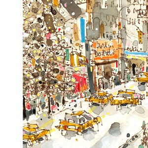 May include: A watercolor painting of a snowy New York City street scene with yellow cabs, a tree, and buildings. The text "Dunkin Donuts" is visible on one of the buildings.