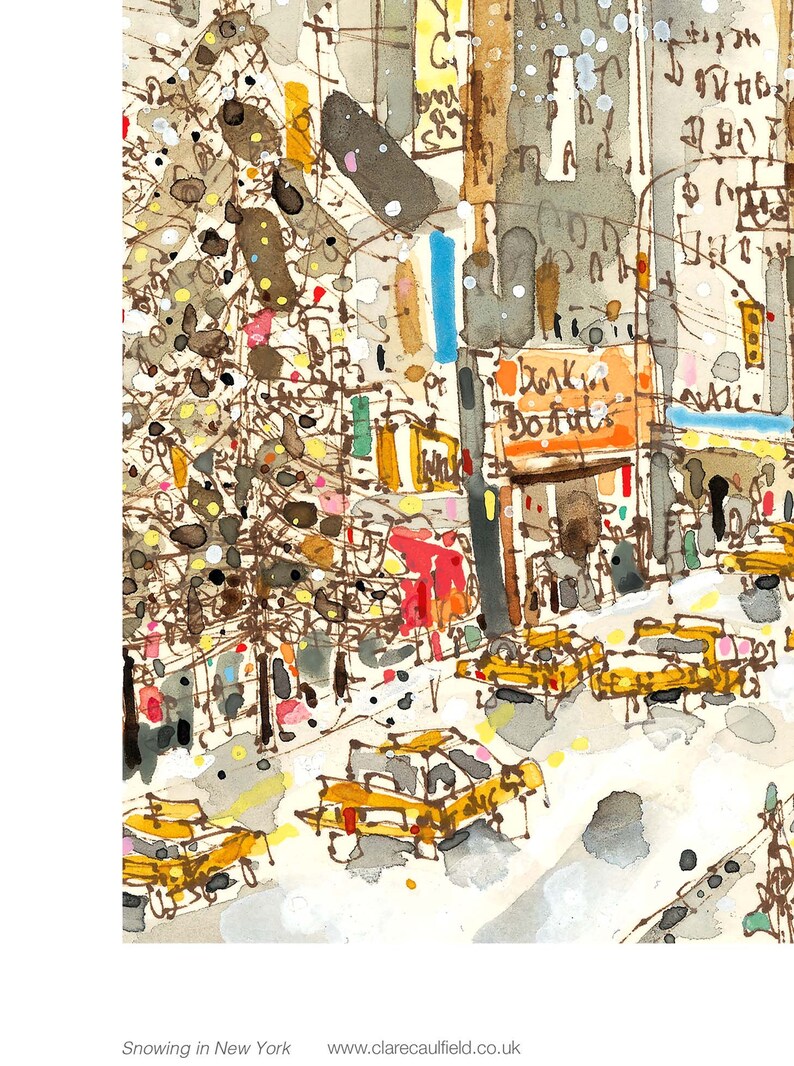 May include: A watercolor painting of a snowy New York City street scene with yellow cabs, a tree, and buildings. The text "Dunkin Donuts" is visible on one of the buildings.