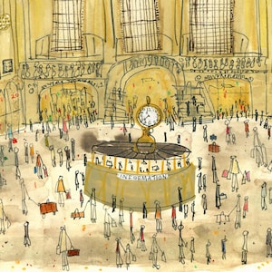 May include: A watercolor illustration of a busy train station with a large clock in the center. The clock is surrounded by people, some carrying luggage, others standing in line. The station is decorated with yellow and brown tones, and the walls are lined with windows. The text "INFORMATION" is visible on a sign below the clock.