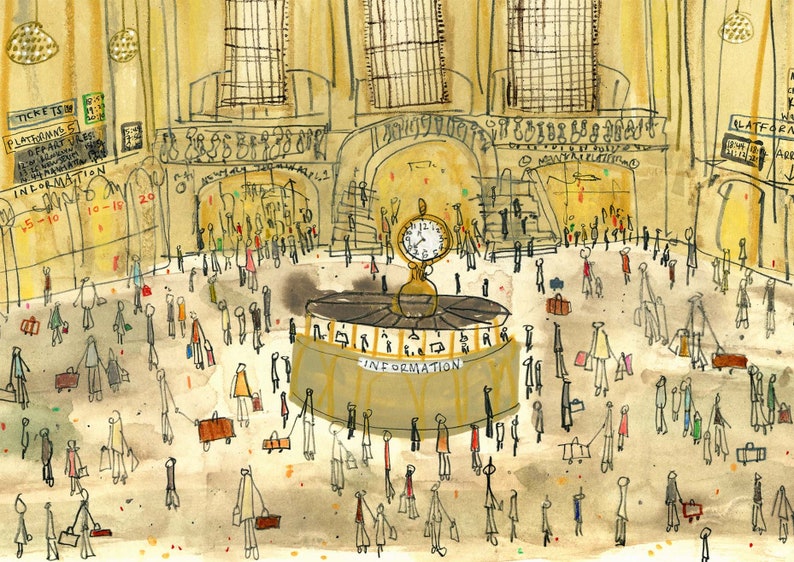 May include: A watercolor illustration of a busy train station with a large clock in the center. The clock is surrounded by people, some carrying luggage, others standing in line. The station is decorated with yellow and brown tones, and the walls are lined with windows. The text "INFORMATION" is visible on a sign below the clock.