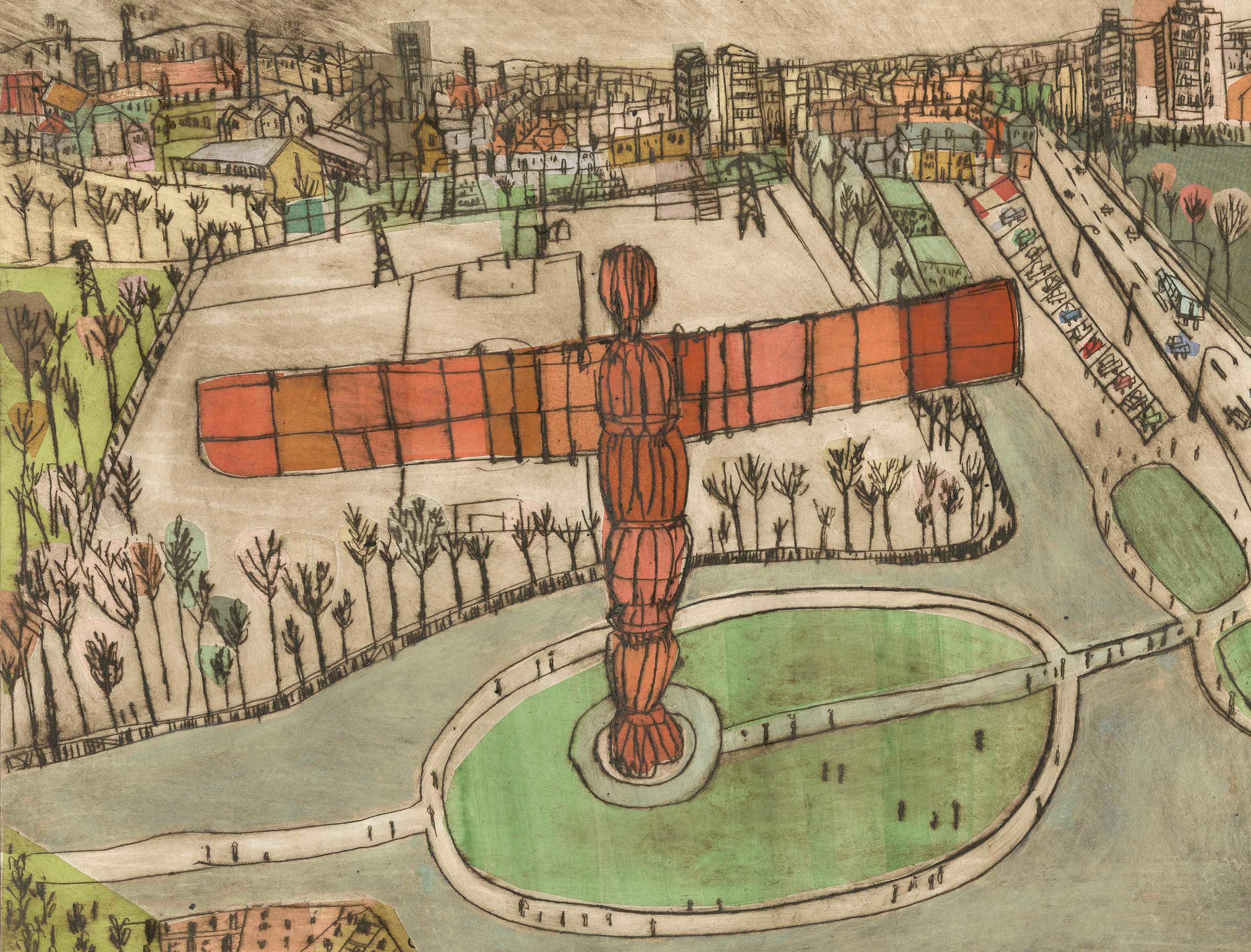The Angel of the North, 14x11 Giclee Print, England Wall Art, Gateshead Sculpture, City Drawing Sketch, Newcastle Upon Tyne, Clare Caulfield