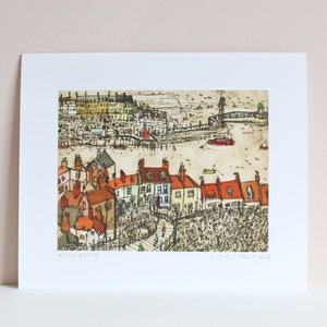 WHITBY ROOFTOPS PRINT, North Yorkshire Coast England Fishing Village, Signed Giclee Print, Whitby Art, Clare Caulfield, Boat Whitby Wall Art