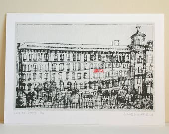 Lámina artística de Saltaire, dibujo de molino de sal, giclée de edición limitada, arte mural de Yorkshire, pintura en acuarela, edificio de Clare Caulfield, Yorkshire