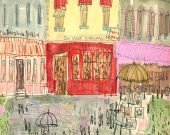 PLACE DU TERTRE Paris Print 11x14, Maison Catherine Giclee, La Mere Catherine, French Picture, Pencil Drawing Sketch Watercolour Painting