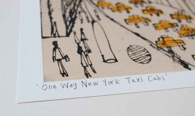 New York City Taxi Drawing, Signed Art Print, New York Painting, Manhattan Street, Dont Walk, One Way, NYC Sign, Skyscrapers Clare Caulfield image 3