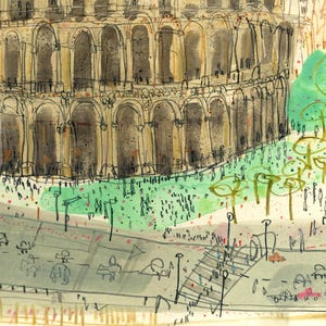 May include: Watercolor illustration of a large, arched building with a crowd of people and cars on a street. The building is a light brown color with dark brown arches. Green trees and a green area are in the background.