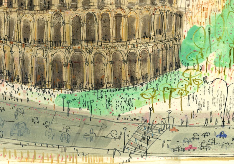 May include: Watercolor illustration of a large, arched building with a crowd of people and cars on a street. The building is a light brown color with dark brown arches. Green trees and a green area are in the background.