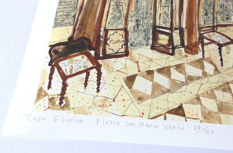 Cafetería histórica de Venecia, Piazza San Marco Café, Plaza de San Marcos, Acuarela, Pintura italiana, Impresión de edición limitada, Clare Caulfield imagen 8
