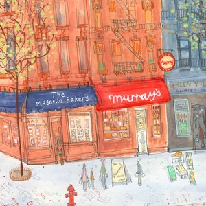 May include: A watercolor illustration of a street scene in New York City. The image features three storefronts: The Magnolia Bakery, Murray's, and Green Village Grocery & Produce. The bakery has a blue awning and a sign that says "The Magnolia Bakery". Murray's has a red awning and a sign that says "Murray's". Green Village Grocery & Produce has a green awning and a sign that says "Green Village Grocery & Produce". There are people walking on the sidewalk in front of the stores.