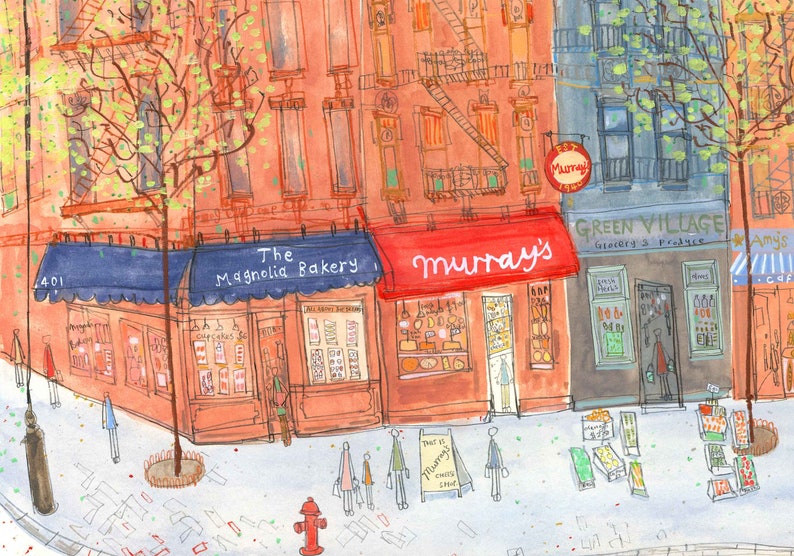 May include: A watercolor illustration of a street scene in New York City. The image features three storefronts: The Magnolia Bakery, Murray's, and Green Village Grocery & Produce. The bakery has a blue awning and a sign that says "The Magnolia Bakery". Murray's has a red awning and a sign that says "Murray's". Green Village Grocery & Produce has a green awning and a sign that says "Green Village Grocery & Produce". There are people walking on the sidewalk in front of the stores.