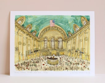 Grand Central Station, New York City Art, Signed Giclee Print, Watercolor Painting, Train Station, NYC Terminal, Clare Caulfield, USA Flag