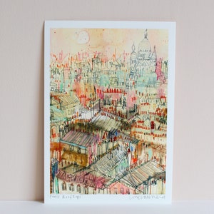 Paris Rooftops Art Print, Sacre Coeur, Watercolour Painting