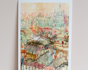 PARIS ROOFTOPS VIEW, Signed Art Print, Watercolour Painting, Sacre Coeur Montmartre, Clare Caulfield, French Wall Decor, Parisian Drawing