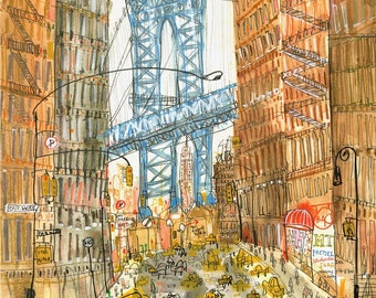 Manhattan Bridge, 8x10 New York Giclee, DUMBO Art Print, Illustration, NYC Wall Art, City Building, Watercolor Sketch, New York Painting