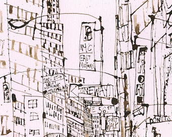 NEW YORK STREET, grande impression jet d'encre, dessin de New York, 50 x 70 cm, esquisse de Manhattan, image de gratte-ciel, rose pâle et marron, Clare Caulfield