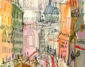 LARGE VENICE ART, Signed Giclee Print, San Barnaba Italy, Canal Bridge Sketch, Watercolor Painting, Church Drawing, Clare Caulfield, Travel