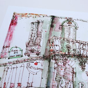 May include: A watercolor painting of a building with a balcony. The building has a sign that says "11, rue Saint Sernin" and a heart-shaped sign that says "Kroneboy".