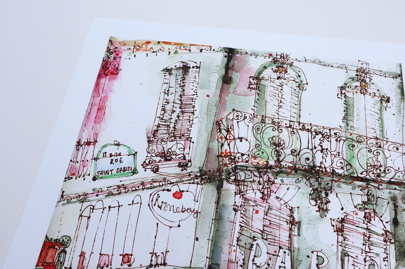 May include: A watercolor painting of a building with a balcony. The building has a sign that says "11, rue Saint Sernin" and a heart-shaped sign that says "Kroneboy".