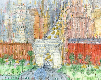 WASHINGTON SQUARE, New York Print, NYC Painting, 11x14 Wall Art, Manhattan Park Sketch, Drawing, Skyscrapers, Architecture, Clare Caulfield