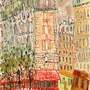 May include: A watercolor painting of a Parisian street scene with a cafe called "Cafe Rouge" in the foreground. The cafe has red awnings and tables with chairs. There are buildings in the background with windows and balconies. The painting is done in a loose, expressive style.