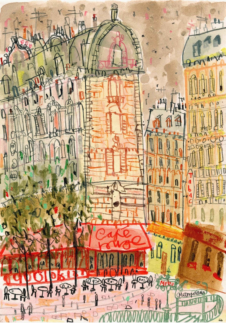 May include: A watercolor painting of a Parisian street scene with a cafe called "Cafe Rouge" in the foreground. The cafe has red awnings and tables with chairs. There are buildings in the background with windows and balconies. The painting is done in a loose, expressive style.
