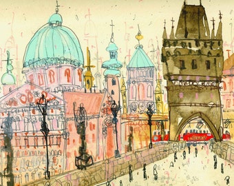 Giclée d'art de PRAGUE, impression pont Charles, dessin de la Tchéquie, Illustration de la ville, rivière Vltava, peinture de la République tchèque, croquis de rue