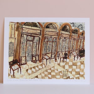 Puede incluir: Una ilustraci&oacute;n de acuarela del interior de una cafeter&iacute;a llamada "Florian" en Venecia, Italia. La cafeter&iacute;a tiene un suelo de ajedrez y varias mesas y sillas. La cafeter&iacute;a tiene un letrero que dice "Florian" sobre la entrada.