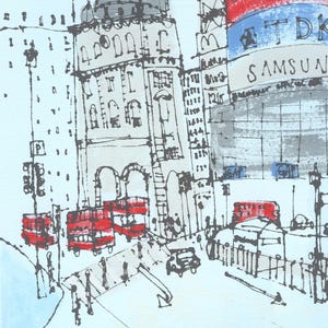May include: A black and white sketch of a London street scene with red double-decker buses, a taxi, and a building with a Samsung sign.
