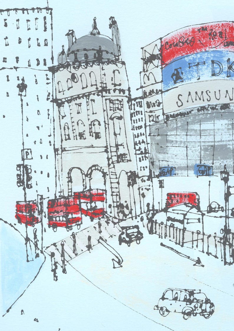 May include: A black and white sketch of a London street scene with red double-decker buses, a taxi, and a building with a Samsung sign.