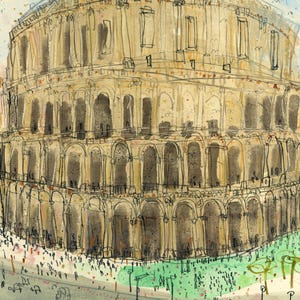 May include: Watercolor illustration of the Colosseum in Rome. The artwork depicts the ancient amphitheater in shades of tan and brown, with a crowd of people and a street scene in the foreground. The sky is light blue.