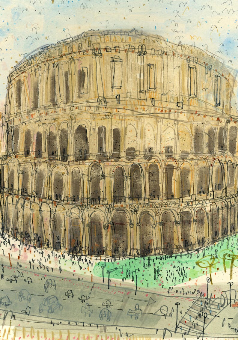 May include: Watercolor illustration of the Colosseum in Rome. The artwork depicts the ancient amphitheater in shades of tan and brown, with a crowd of people and a street scene in the foreground. The sky is light blue.
