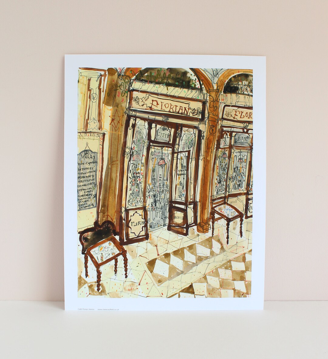 Café Venice, Italy Art Print, San Marco Watercolor Sketch (11x14
