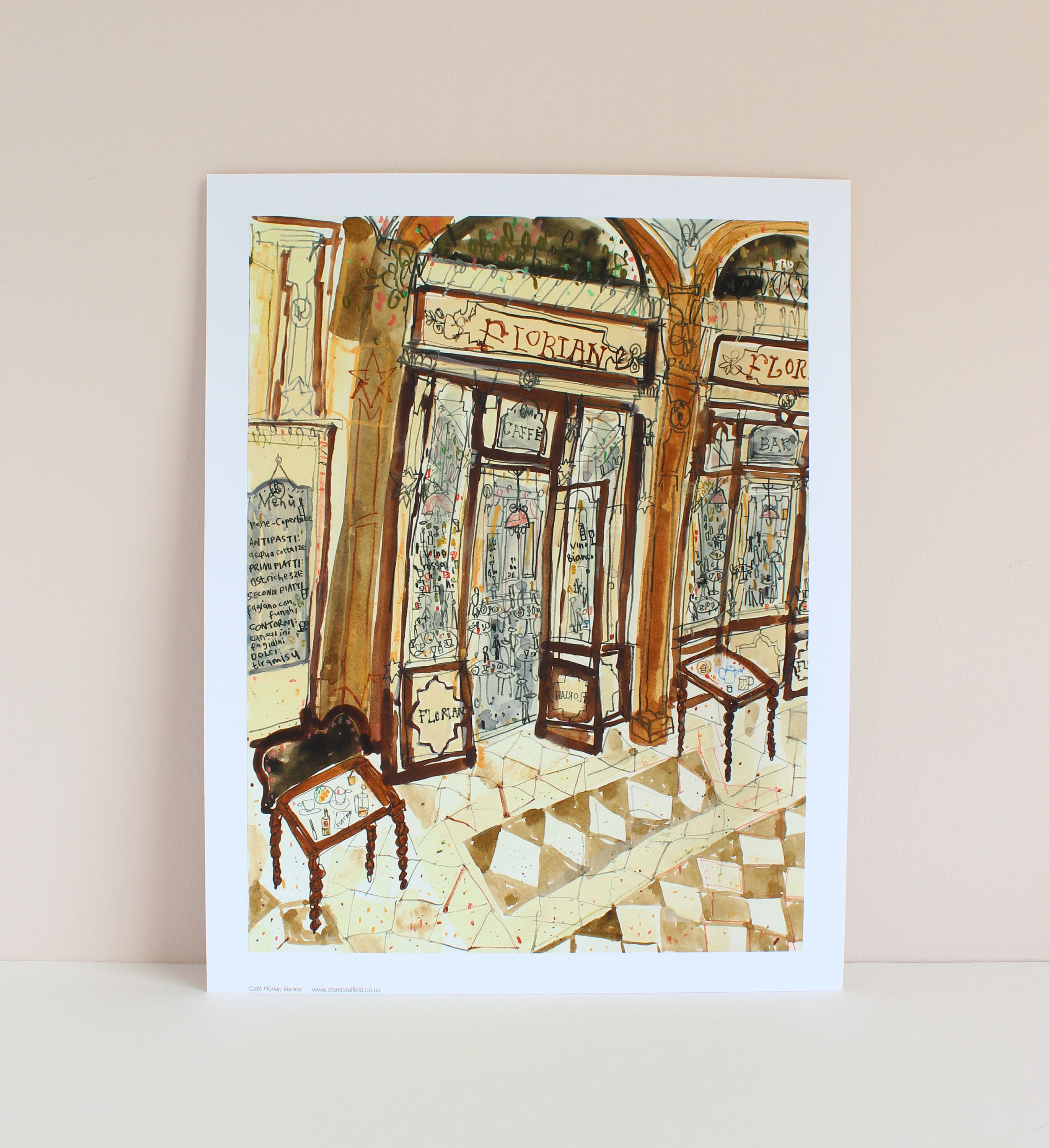 Café Venice, Italy Art Print, San Marco Watercolor Sketch (11x14