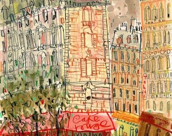 PARIS CAFE PRINT, 11 x 14 Wall Art, Cafe Rouge Drawing, France Sketch, Paris City Painting, St Germain, Parisian Building, Red Cafe Paris