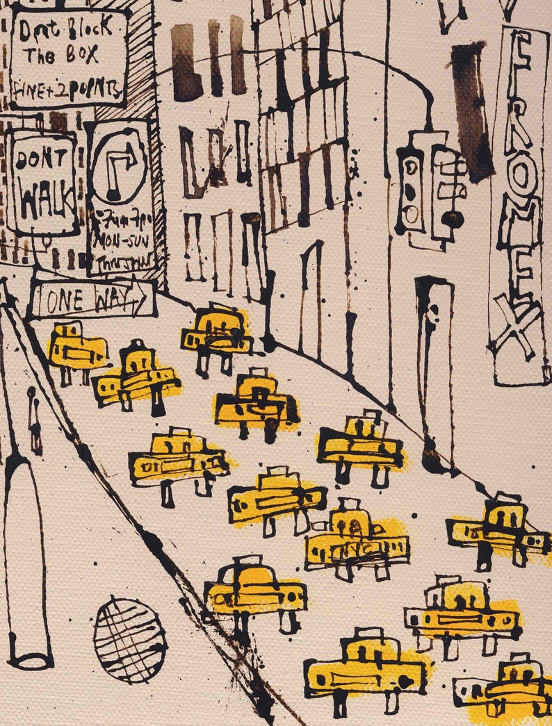 New York City Taxi Drawing, Signed Art Print, New York Painting, Manhattan Street, Dont Walk, One Way, NYC Sign, Skyscrapers Clare Caulfield image 9