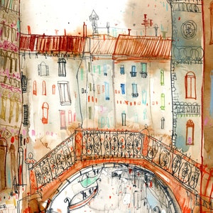 VENICE BRIDGE PAINTING, Italy Wall Print, 11x14 Venice Art, Venetian Drawing, Watercolor of Venice, Ponte Del Squero, Dorsoduro, Gondola