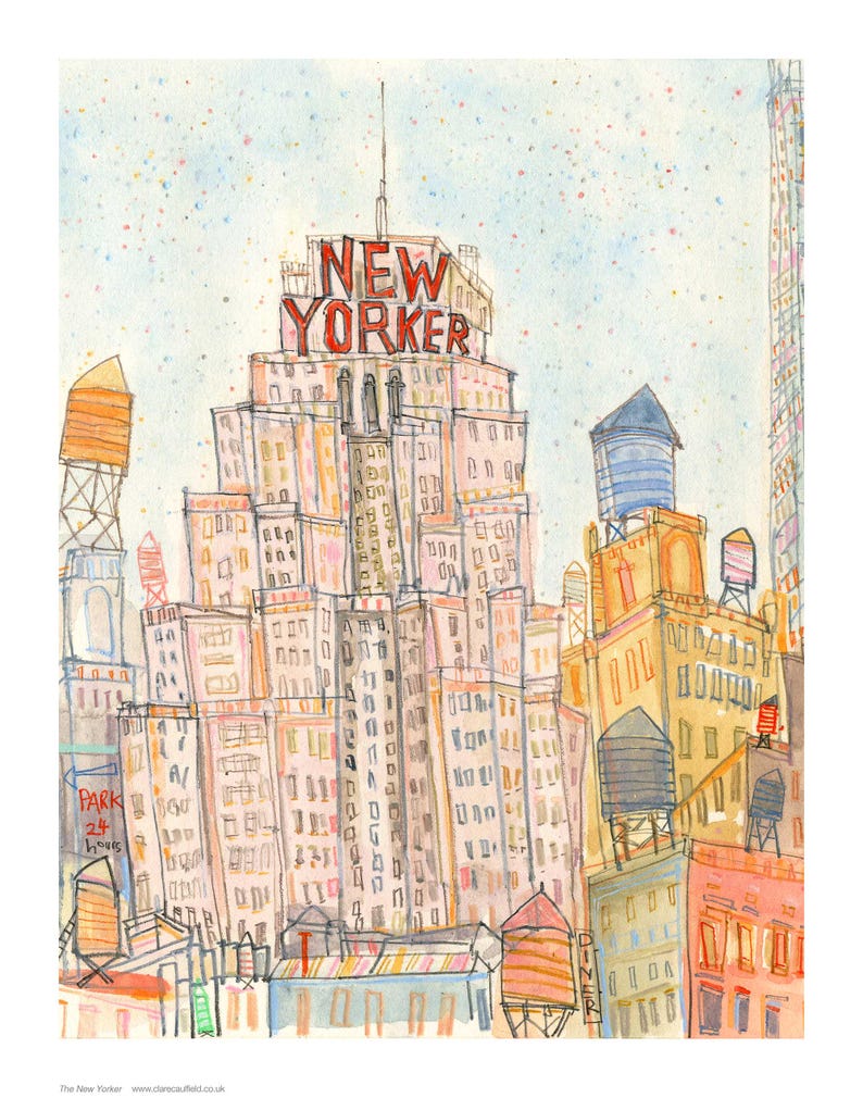 New York art print, New Yorker Giclee Print, 11 x 14 NYC, Water Towers, City Sketch, Manhattan Picture, Skyscraper Buildings, Architecture image 2