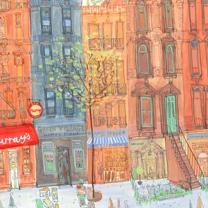 May include: A watercolor painting of a street scene in New York City. The painting features a row of brick buildings with storefronts, including a grocery store, a bakery, and an antique shop. There are people walking on the sidewalk and a tree in the middle of the street.