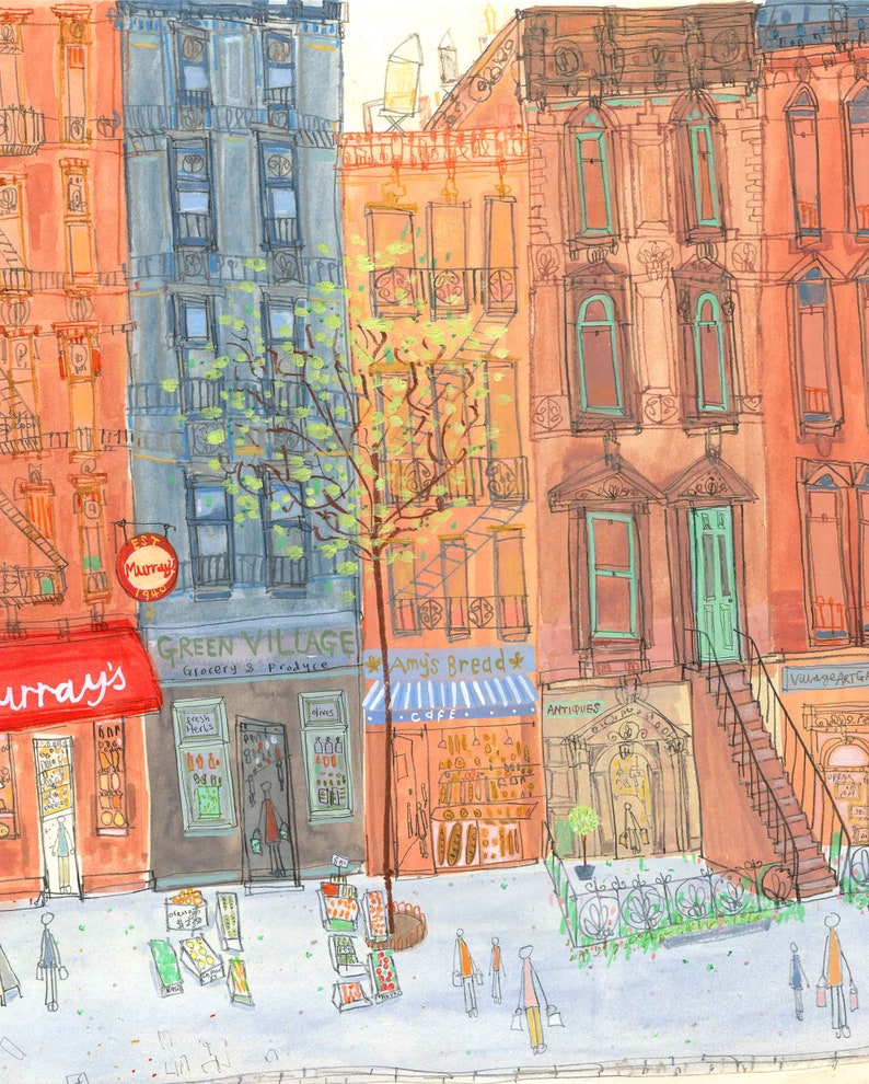 May include: A watercolor painting of a street scene in New York City. The painting features a row of brick buildings with storefronts, including a grocery store, a bakery, and an antique shop. There are people walking on the sidewalk and a tree in the middle of the street.