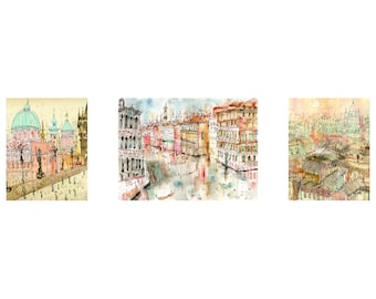 GALLERY WALL PRINTS, Set of 3 Prints, Prague Painting, Paris Picture, Venice Grand Canal, Parisian Rooftops, Giclee Prints, Clare Caulfield