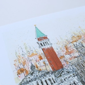 May include: A watercolor painting of a cityscape with a tall, red tower with a green roof. The tower is surrounded by smaller buildings and spires, all rendered in a loose, sketchy style. The background is a light blue, suggesting a clear sky.