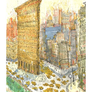 May include: A watercolor painting of the Flatiron Building in New York City. The building is depicted in a yellow and brown color scheme, with a busy street scene in front of it.  There are many yellow taxis in the street, and the text "No Parking" is visible on the street.