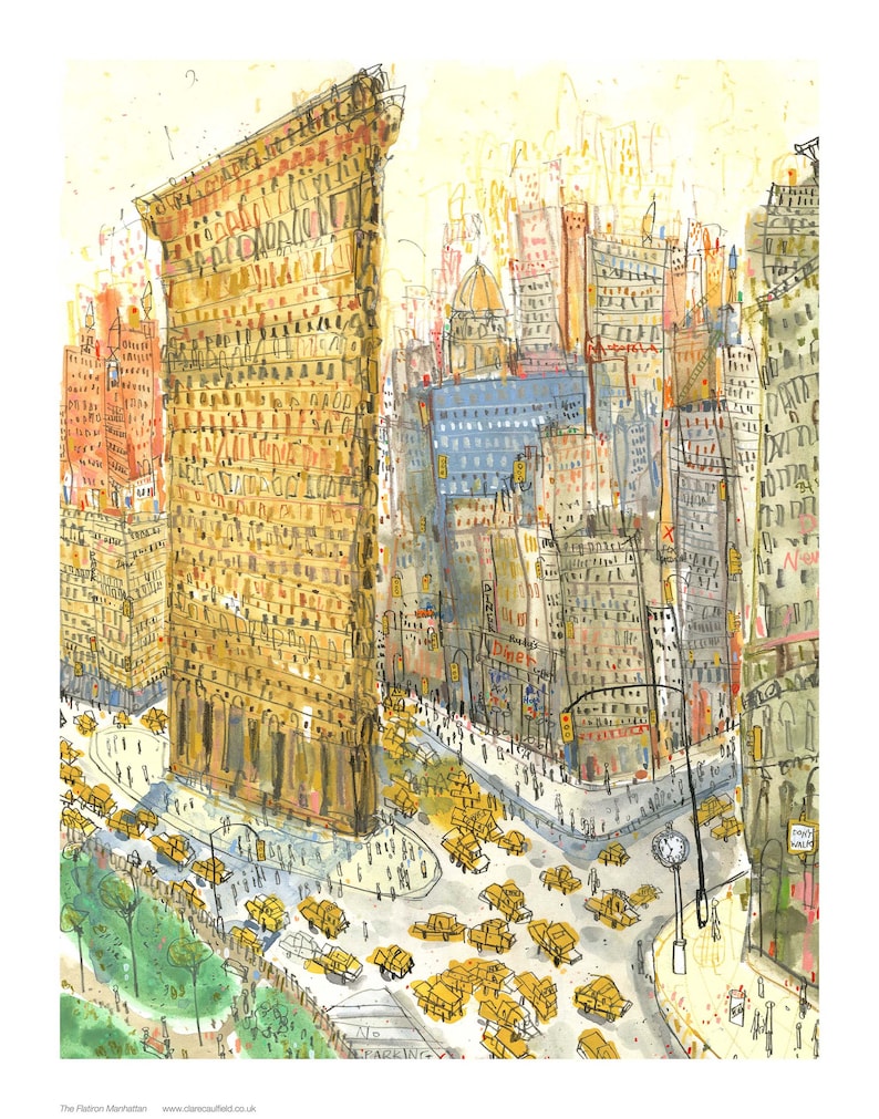 May include: A watercolor painting of the Flatiron Building in New York City. The building is depicted in a yellow and brown color scheme, with a busy street scene in front of it.  There are many yellow taxis in the street, and the text "No Parking" is visible on the street.