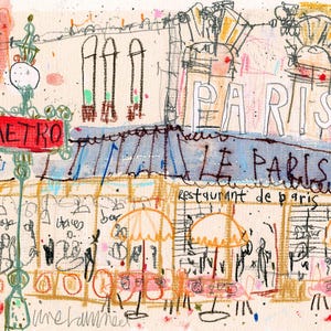 PARIS CAFE PRINT, Pariser Café, Skizze, Skizze von Paris, Mixed-Media-Malerei, Bleistiftzeichnung, Restaurant De Paris, Reise Clare Caulfield