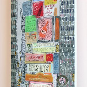 May include: A hand-drawn illustration of a city street scene with various signs and advertisements. The signs include "Phantom of the Opera", "Samsung", "Priority Mail", "Motorola HelloMoto", "42nd Street The Musical", "Hersheys", "Dunkin", and "Starbucks Coffee".