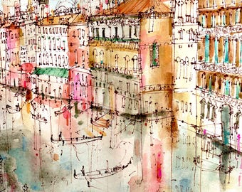 VENICE CANAL ART, Italy Watercolour, View of Venice Giclee Print, Venetian Picture, Pen Drawing, Grand Canal Painting, Clare Caulfield