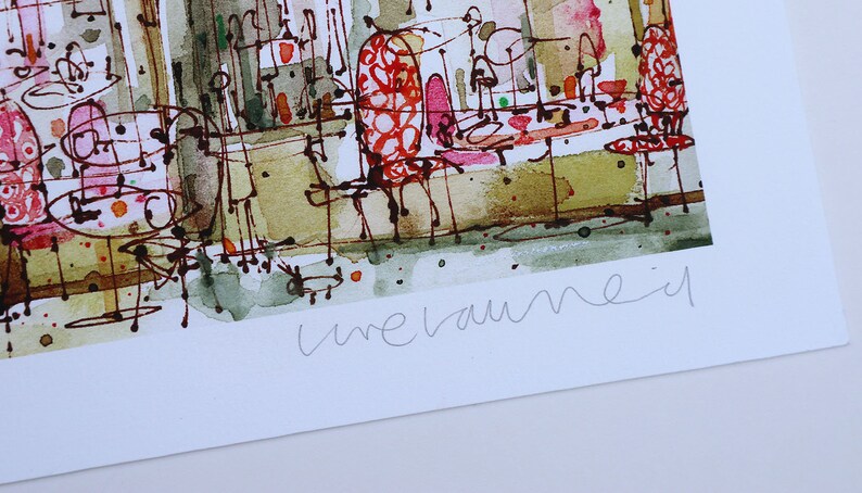 May include: A watercolor painting of a cafe scene with red and pink chairs, tables, and people. The painting is signed "unevaunie".
