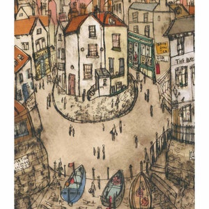 May include: A watercolor illustration of a seaside town with buildings, shops, and people walking on the cobblestone streets. There are two boats in the foreground, one blue and one orange.